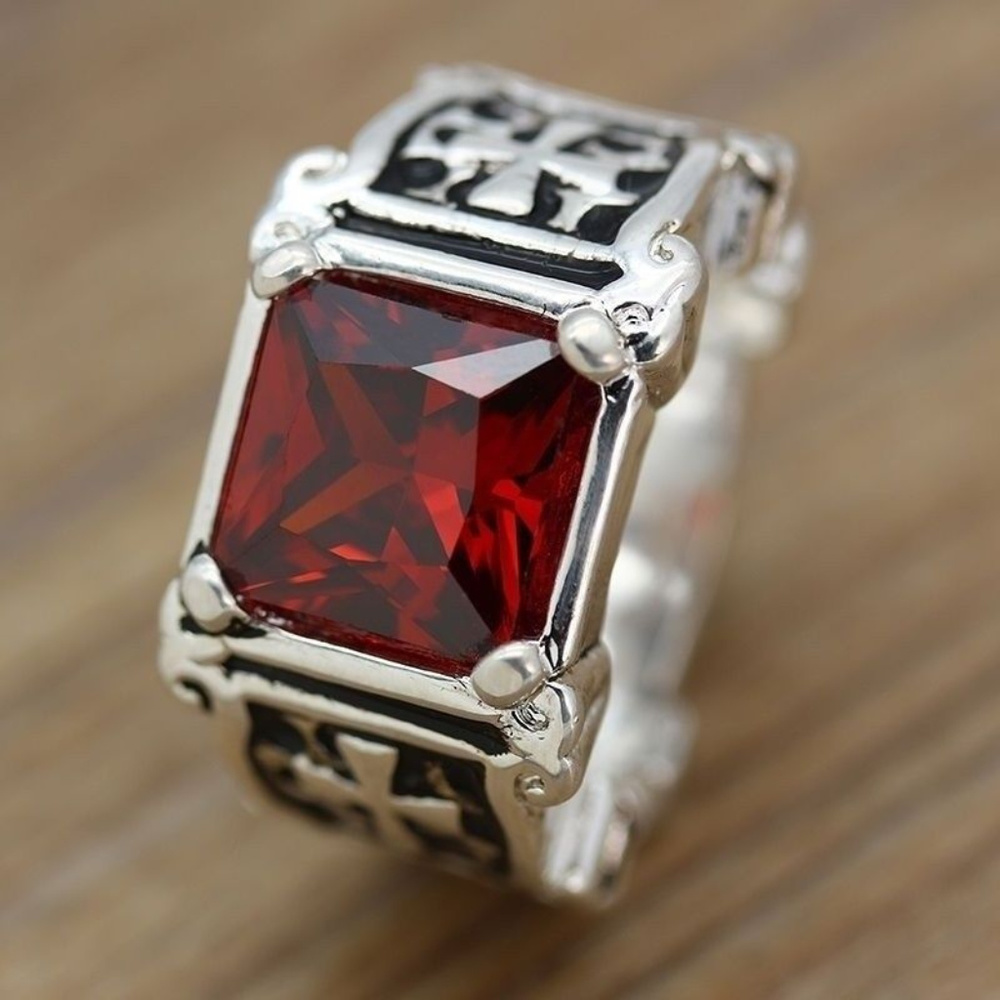 Ring ~.925  ~ 3.7 Ct. ~ Ruby Red Crystal ~ Cross ~ For Him